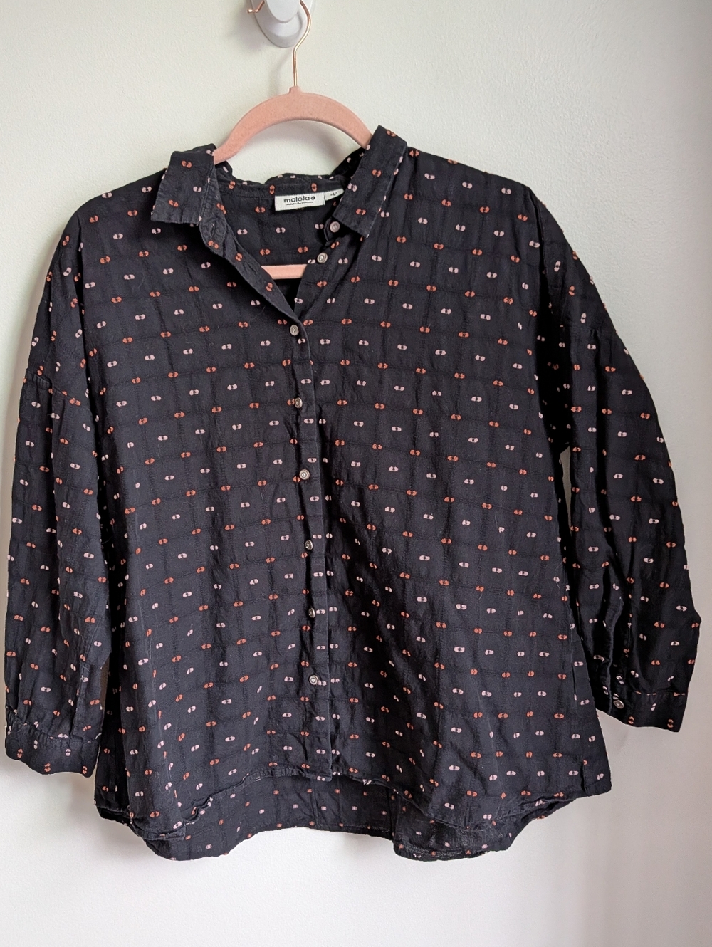 MALOJA Black Dots Cotton Casual Oversized Contemporary Button Front Shirt Large - Picture 2 of 12